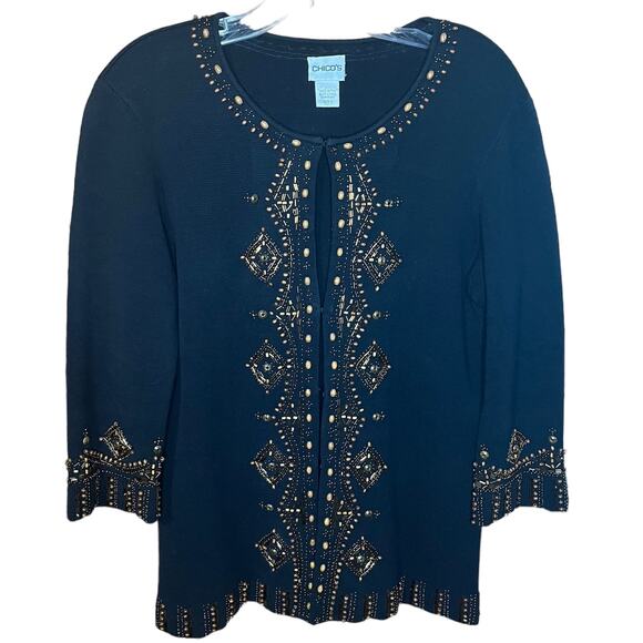 Chico’s Cotton Sequined and Beaded Black Cardigan Size 1=US Size 8/M - Picture 2 of 9